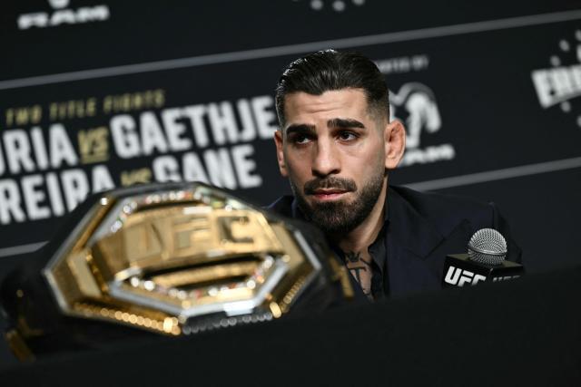 Georgian-Spanish mixed martial artist Ilia Topuria speaks during media day for "UFC Freedom 250" in Washington, DC, on June 10, 2026. "UFC Freedom 250" is an mixed martial arts event that will take place on Sunday, June 14 on the South Lawn of the White House. US President Donald Trump will attend. (Photo by Brendan SMIALOWSKI / AFP)