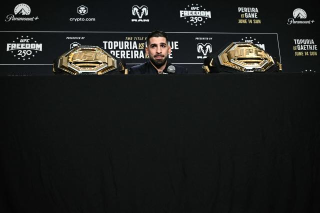 Georgian-Spanish mixed martial artist Ilia Topuria speaks during media day for "UFC Freedom 250" in Washington, DC, on June 10, 2026. "UFC Freedom 250" is an mixed martial arts event that will take place on Sunday, June 14 on the South Lawn of the White House. US President Donald Trump will attend. (Photo by Brendan SMIALOWSKI / AFP)