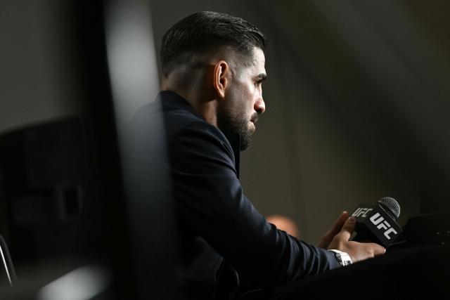 Georgian-Spanish mixed martial artist Ilia Topuria speaks during media day for "UFC Freedom 250" in Washington, DC, on June 10, 2026. "UFC Freedom 250" is an mixed martial arts event that will take place on Sunday, June 14 on the South Lawn of the White House. US President Donald Trump will attend. (Photo by Brendan SMIALOWSKI / AFP)