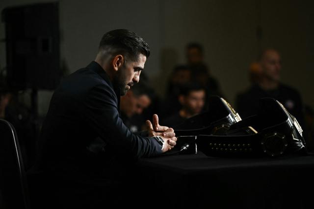 Georgian-Spanish mixed martial artist Ilia Topuria speaks during media day for "UFC Freedom 250" in Washington, DC, on June 10, 2026. "UFC Freedom 250" is an mixed martial arts event that will take place on Sunday, June 14 on the South Lawn of the White House. US President Donald Trump will attend. (Photo by Brendan SMIALOWSKI / AFP)