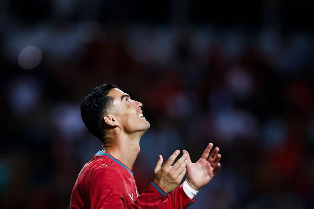 Portugal's forward #07 Cristiano Ronaldo reacts during the international friendly football match between Portugal and Nigeria at Magalhaes Pessoa Stadium in Leiria, on June 10, 2026. (Photo by FILIPE AMORIM / AFP)