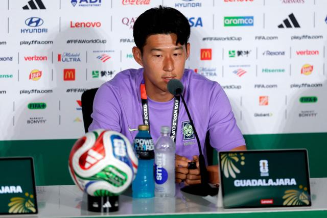 South Korea's forward #07 Son Heung-min gives a press conference at the Guadalajara Stadium in Zapopan, Mexico on June 10, 2026, on the eve of the 2026 World Cup football match between South Korea and the Czech Republic. (Photo by Ulises Ruiz / AFP)