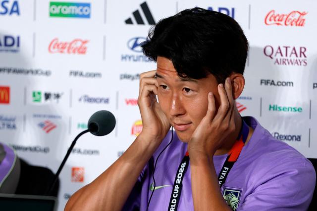 South Korea's forward #07 Son Heung-min gestures during a press conference at the Guadalajara Stadium in Zapopan, Mexico on June 10, 2026, on the eve of the 2026 World Cup football match between South Korea and the Czech Republic. (Photo by Ulises Ruiz / AFP)