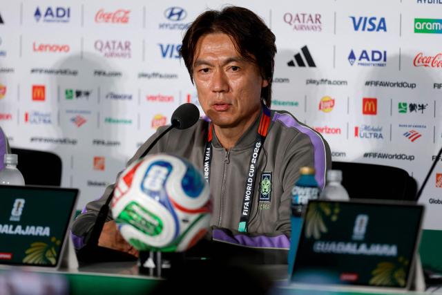 South Korea's head coach Hong Myung-bo gives a press conference at the Guadalajara Stadium in Zapopan, Mexico on June 10, 2026, on the eve of the 2026 World Cup football match between South Korea and the Czech Republic. (Photo by Ulises Ruiz / AFP)