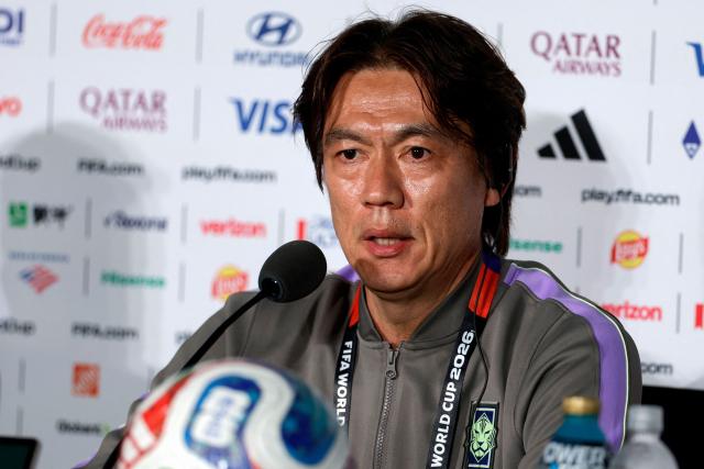 South Korea's head coach Hong Myung-bo gives a press conference at the Guadalajara Stadium in Zapopan, Mexico on June 10, 2026, on the eve of the 2026 World Cup football match between South Korea and the Czech Republic. (Photo by Ulises Ruiz / AFP)