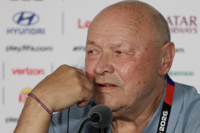 Czech Republic's head coach Miroslav Koubek gives a press conference at the Guadalajara Stadium in Zapopan, Mexico on June 10, 2026, on the eve of the 2026 World Cup football match between South Korea and the Czech Republic. (Photo by Ulises RUIZ / AFP)