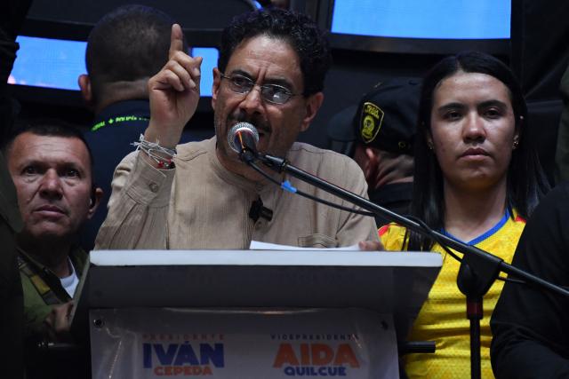 Colombia's presidential candidate for the Pacto Historico party, Ivan Cepeda, speaks during a campaign rally in Medellin, Colombia on June 10, 2026. Colombia will hold the runoff presidential election on June 21. (Photo by Jaime SALDARRIAGA / AFP)