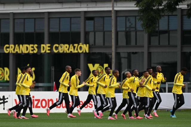 South Africa's players take part in a training session at the Club America Training Site in Mexico City on June 10, 2026, on the eve of the 2026 World Cup football match between Mexico and South Africa. (Photo by Yuri CORTEZ / AFP)