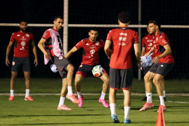 (L to R) Tunisia's midfielder Ellyes Skhiri, defender Adam Arous and defender Omar Rekik take part in a training session at Rayados Training Centre in Santiago, Nuevo Leon state, Mexico on June 10, 2026, one day before the opening of the 2026 FIFA World Cup football tournament. (Photo by Julio Cesar AGUILAR / AFP)