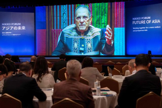 East Tonor's President and Nobel Peace Laureate Jose Ramos-Horta is seen on a screen as he speaks during the Nikkei Forum in Tokyo on June 11, 2026. (Photo by Kazuhiro NOGI / AFP)