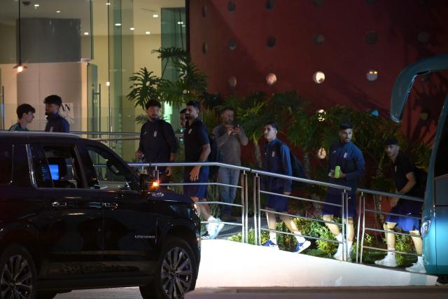 Iran's players arrive at the Marriott Hotel after a training session in Tijuana, Mexico, on June 10, 2026, ahead of the 2026 FIFA World Cup football tournament. (Photo by Guillermo Arias / AFP)