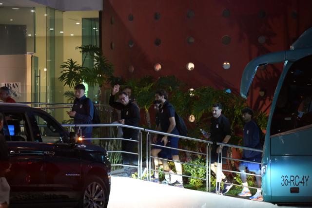 Iran's players arrive at the Marriott Hotel after a training session in Tijuana, Mexico, on June 10, 2026, ahead of the 2026 FIFA World Cup football tournament. (Photo by Guillermo Arias / AFP)