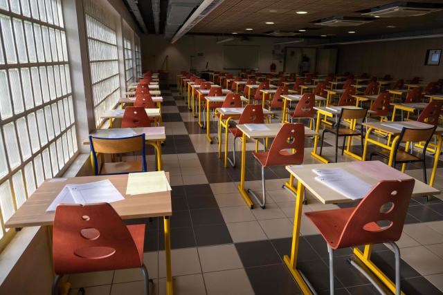 This photograph shows a class before students taking the French language exam of the French baccalaureate at Perier High School in Marseille on June 11, 2026. (Photo by MIGUEL MEDINA / AFP)