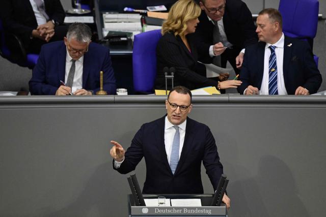 Parliamentary group leader of Germany's Christian Democratic Union (CDU) Jens Spahn speaks during a sitting of the German Bundestag (lower house of parliament) on June 11, 2026, ahead of an EU summit. (Photo by John MACDOUGALL / AFP)