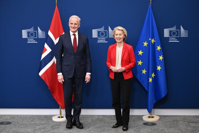 European Commission President Ursula von der Leyen (R) poses with Norway's Prime Minister Jonas Gahr Store (L) before a meeting at the EU Commission headquarters in Brussels on June 11, 2026. (Photo by Nicolas TUCAT / AFP)