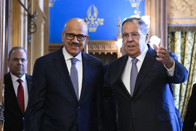 Russian Foreign Minister Sergei Lavrov (R) welcomes Bahrain's counterpart Abdullatif bin Rashid Al Zayani (L) at the Russian Foreign Affairs Ministry in Moscow on June 11, 2026. (Photo by Alexander NEMENOV / POOL / AFP)