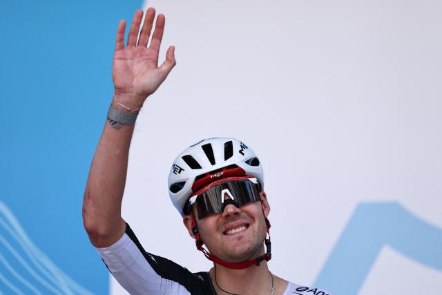 UAE Team Emirates XRG's Russian rider Pavel Sivakov gesgtures ahead of the 5th stage of the Tour Auvergne-Rhone-Alpes cycling race (formerly known as the Criterium du Dauphine), 195,8km between Saint-Chamond and Villars-les-Dombes, central France, on June 11, 2026. (Photo by Anne-Christine POUJOULAT / AFP)