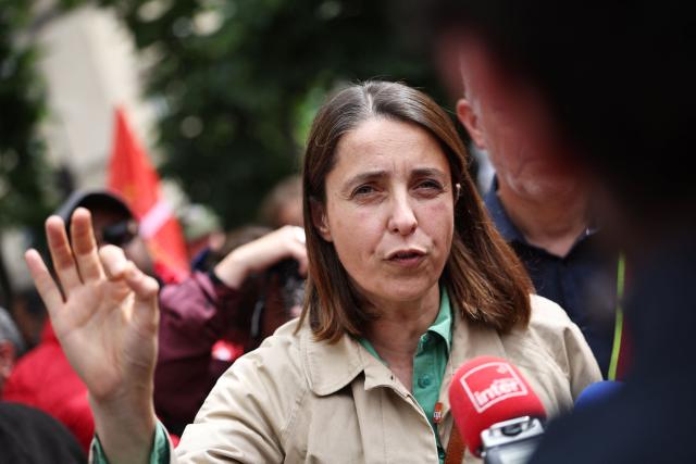 French trade union General Confederation of Labour (CGT) secretary general Sophie Binet speaks to the media at the esplanade des Invalides outside the National Assembly, France's lower house of parliament, in support of the nationalisation of steelmaking giant ArcelorMittal, called by the General Confederation of Labour (CGT), as the bill comes before the National Assembly in Paris on June 11, 2026. (Photo by SIMON WOHLFAHRT / AFP)