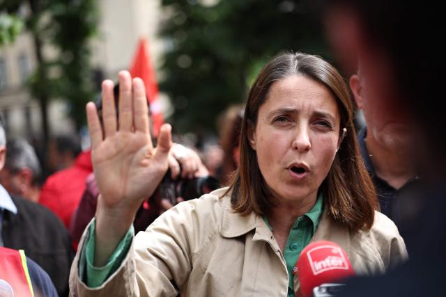 French trade union General Confederation of Labour (CGT) secretary general Sophie Binet speaks to the media at the esplanade des Invalides outside the National Assembly, France's lower house of parliament, in support of the nationalisation of steelmaking giant ArcelorMittal, called by the General Confederation of Labour (CGT), as the bill comes before the National Assembly in Paris on June 11, 2026. (Photo by SIMON WOHLFAHRT / AFP)