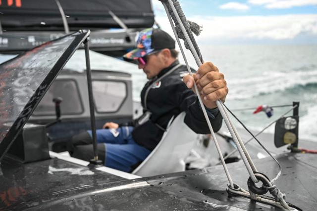 French skipper Thibaut Vauchel-Camus sails his Ocean Fify multihull "Solidaires en Peloton" during a convoying from Saint-Malo, Britany, to Fecamp, Normandyas part of his preparation for the Route du Rhum solo transatlantic sailing race , on June 10, 2026.
The start of the 13rd edition of the Route du Rhum is scheduled for November 1, 2026.. The 13th Route du Rhum will start from Saint-Malo to Pointe-a-Pitre, French Caribbeans, on November 1, 2026. (Photo by Lou BENOIST / AFP)
