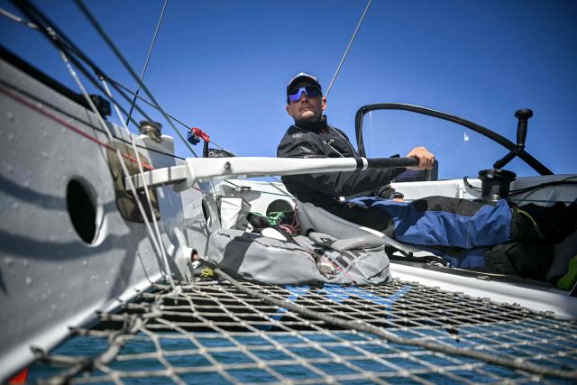 French skipper Thibaut Vauchel-Camus sails his Ocean Fify multihull "Solidaires en Peloton" during a convoying from Saint-Malo, Britany, to Fecamp, Normandyas part of his preparation for the Route du Rhum solo transatlantic sailing race , on June 10, 2026.
The start of the 13rd edition of the Route du Rhum is scheduled for November 1, 2026.. The 13th Route du Rhum will start from Saint-Malo to Pointe-a-Pitre, French Caribbeans, on November 1, 2026. (Photo by Lou BENOIST / AFP)