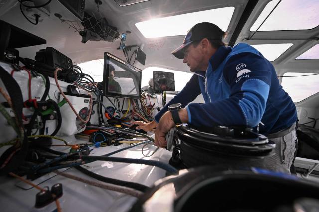 French skipper Thibaut Vauchel-Camus sails his Ocean Fify multihull "Solidaires en Peloton" during a convoying from Saint-Malo, Britany, to Fecamp, Normandyas part of his preparation for the Route du Rhum solo transatlantic sailing race , on June 10, 2026.
The start of the 13rd edition of the Route du Rhum is scheduled for November 1, 2026.. The 13th Route du Rhum will start from Saint-Malo to Pointe-a-Pitre, French Caribbeans, on November 1, 2026. (Photo by Lou BENOIST / AFP)