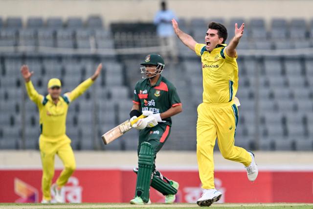 Australia's Xavier Bartlett (R) unsuccessfully appeals for leg before wicket (LBW) against Bangladesh's Najmul Hossain Shanto during the second one-day international (ODI) cricket match between Bangladesh and Australia at the Sher-e-Bangla National Stadium in Dhaka on June 11, 2026. (Photo by Munir UZ ZAMAN / AFP)