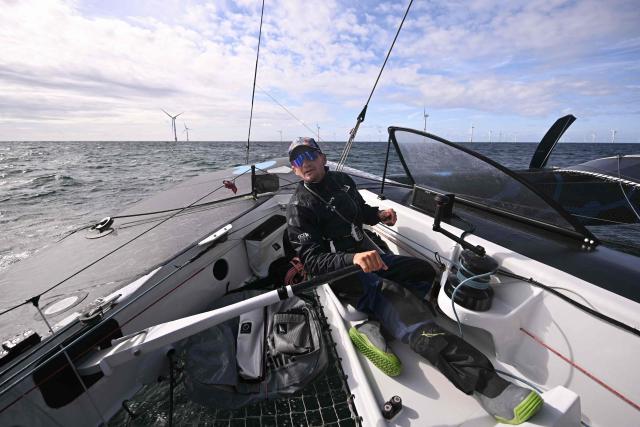 French skipper Thibaut Vauchel-Camus sails his Ocean Fify multihull Solidaires en Peloton, during a convoying from Saint-Malo to Fecamp, ahead of the Route du Rhum solo transatlantic sailing race from Saint-Malo to Pointe-a-Pitre, on June 10, 2026. The start of the 13rd edition of the Route du Rhum is scheduled for November 1, 2026. (Photo by Lou BENOIST / AFP)