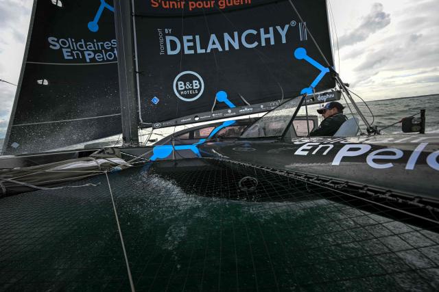 French skipper Thibaut Vauchel-Camus sails his Ocean Fify multihull Solidaires en Peloton, during a convoying from Saint-Malo to Fecamp, ahead of the Route du Rhum solo transatlantic sailing race from Saint-Malo to Pointe-a-Pitre, on June 10, 2026. The start of the 13rd edition of the Route du Rhum is scheduled for November 1, 2026. (Photo by Lou BENOIST / AFP)