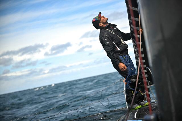 French skipper Thibaut Vauchel-Camus sails his Ocean Fify multihull Solidaires en Peloton, during a convoying from Saint-Malo to Fecamp, ahead of the Route du Rhum solo transatlantic sailing race from Saint-Malo to Pointe-a-Pitre, on June 10, 2026. The start of the 13rd edition of the Route du Rhum is scheduled for November 1, 2026. (Photo by Lou BENOIST / AFP)