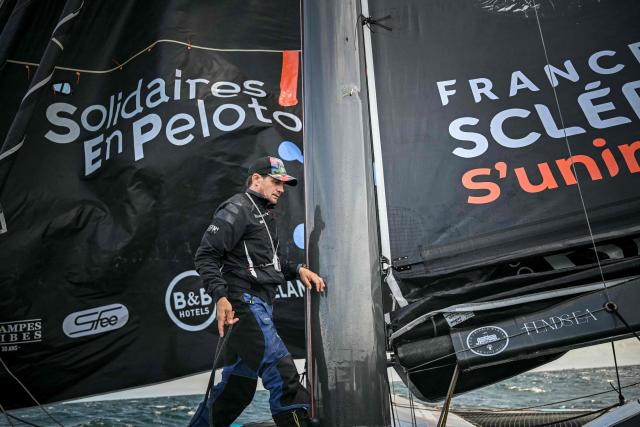 French skipper Thibaut Vauchel-Camus sails his Ocean Fify multihull Solidaires en Peloton, during a convoying from Saint-Malo to Fecamp, ahead of the Route du Rhum solo transatlantic sailing race from Saint-Malo to Pointe-a-Pitre, on June 10, 2026. The start of the 13rd edition of the Route du Rhum is scheduled for November 1, 2026. (Photo by Lou BENOIST / AFP)