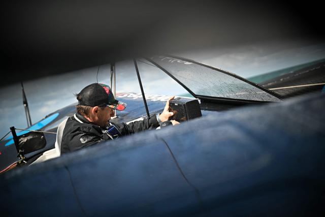 French skipper Thibaut Vauchel-Camus sails his Ocean Fify multihull Solidaires en Peloton, during a convoying from Saint-Malo to Fecamp, ahead of the Route du Rhum solo transatlantic sailing race from Saint-Malo to Pointe-a-Pitre, on June 10, 2026. The start of the 13rd edition of the Route du Rhum is scheduled for November 1, 2026. (Photo by Lou BENOIST / AFP)