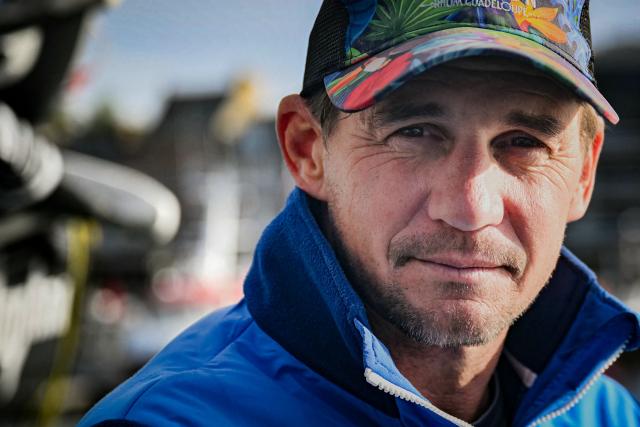 French skipper Thibaut Vauchel-Camus poses in his Ocean Fify multihull Solidaires en Peloton, during a convoying from Saint-Malo to Fecamp, ahead of the Route du Rhum solo transatlantic sailing race from Saint-Malo to Pointe-a-Pitre, on June 10, 2026. The start of the 13rd edition of the Route du Rhum is scheduled for November 1, 2026. (Photo by Lou BENOIST / AFP)