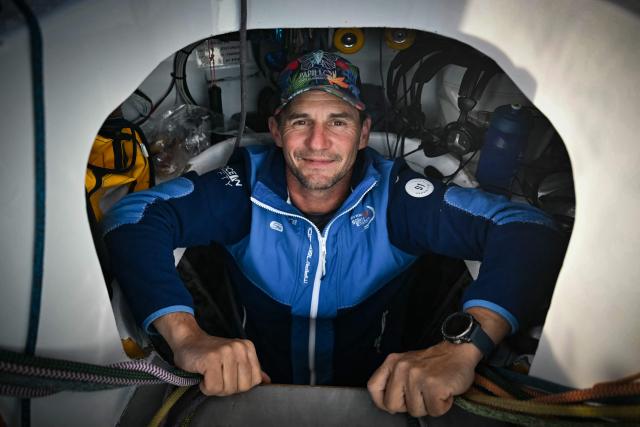 French skipper Thibaut Vauchel-Camus poses after he sailed his Ocean Fify multihull Solidaires en Peloton, during a convoying from Saint-Malo to Fecamp, ahead of the Route du Rhum solo transatlantic sailing race from Saint-Malo to Pointe-a-Pitre, on June 10, 2026. The start of the 13rd edition of the Route du Rhum is scheduled for November 1, 2026. (Photo by Lou BENOIST / AFP)