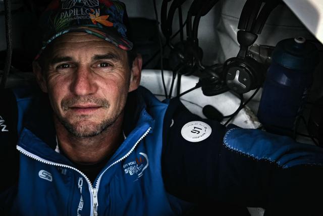 French skipper Thibaut Vauchel-Camus poses after he sailed his Ocean Fify multihull Solidaires en Peloton, during a convoying from Saint-Malo to Fecamp, ahead of the Route du Rhum solo transatlantic sailing race from Saint-Malo to Pointe-a-Pitre, on June 10, 2026. The start of the 13rd edition of the Route du Rhum is scheduled for November 1, 2026. (Photo by Lou BENOIST / AFP)