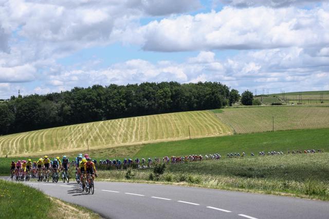 The pack of riders cycles during the 5th stage of the Tour Auvergne-Rhone-Alpes cycling race (formerly known as the Criterium du Dauphine), 195,8km between Saint-Chamond and Villars-les-Dombes, central France, on June 11, 2026. (Photo by Anne-Christine POUJOULAT / AFP)