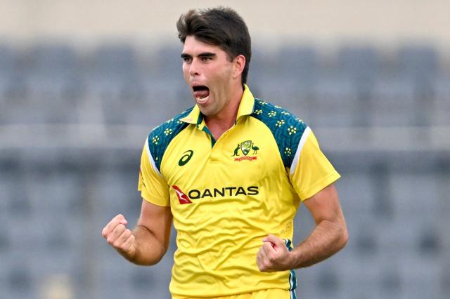 Australia's Xavier Bartlett celebrates after taking the wicket of Bangladesh's Tanzid Hasan during the second one-day international (ODI) cricket match between Bangladesh and Australia at the Sher-e-Bangla National Stadium in Dhaka on June 11, 2026. (Photo by Munir UZ ZAMAN / AFP)