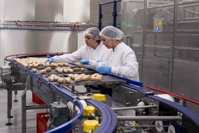 (FILES) Employees of the newly-unveiled Umiami factory which produces vegetable-based meat substitutes, place food items on a conveyor belt, in Duppigheim, eastern France, on March 18, 2024. Swap Food, a company specialising in plant-based meat substitutes, has been placed in compulsory liquidation, its chief executive announced on June 11, 2026, citing slower-than-expected growth in the sector. (Photo by SEBASTIEN BOZON / AFP)