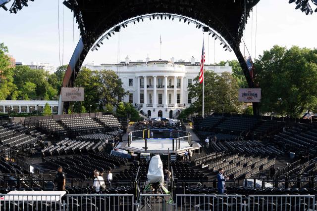 The structure, known as "The Claw," for the upcoming UFC fight that US President Donald Trump will host as part of the 250th anniversary of the United States, is seen on the South Lawn of the White House during a media preview in Washington, DC, June 11, 2026. The Ultimate Fighting Championship (UFC) event will be held on US President Donald Trump's 80th birthday on June 14. (Photo by SAUL LOEB / AFP)