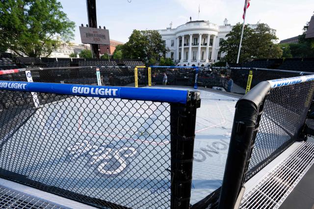 "The Octagon" fighting enclosure for the upcoming UFC fight that US President Donald Trump will host as part of the 250th anniversary of the United States is seen on the South Lawn of the White House during a media preview in Washington, DC, June 11, 2026. The Ultimate Fighting Championship (UFC) event will be held on US President Donald Trump's 80th birthday on June 14. (Photo by SAUL LOEB / AFP)