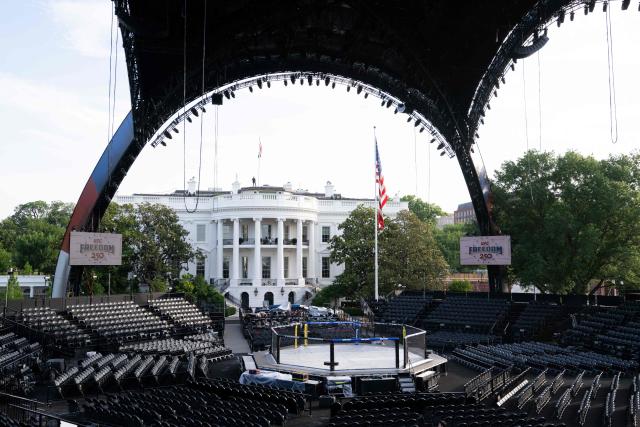 The structure, known as "The Claw," for the upcoming UFC fight that US President Donald Trump will host as part of the 250th anniversary of the United States, is seen on the South Lawn of the White House during a media preview in Washington, DC, June 11, 2026. The Ultimate Fighting Championship (UFC) event will be held on US President Donald Trump's 80th birthday on June 14. (Photo by SAUL LOEB / AFP)