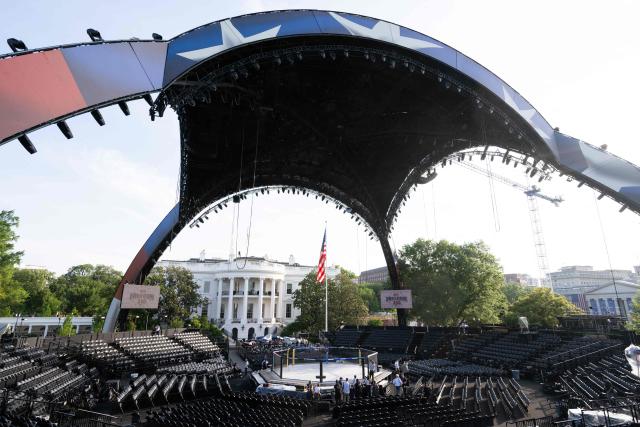 The structure, known as "The Claw," for the upcoming UFC fight that US President Donald Trump will host as part of the 250th anniversary of the United States is seen on the South Lawn of the White House during a media preview in Washington, DC, June 11, 2026. The Ultimate Fighting Championship (UFC) event will be held on US President Donald Trump's 80th birthday on June 14. (Photo by SAUL LOEB / AFP)