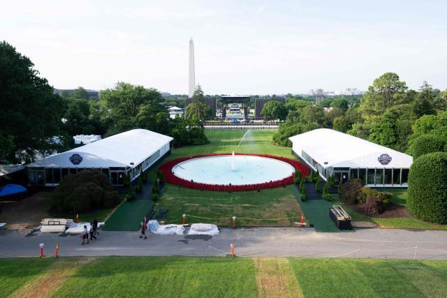 Setup for the upcoming UFC fight that US President Donald Trump will host as part of the 250th anniversary of the United States is seen on the South Lawn of the White House during a media preview in Washington, DC, June 11, 2026. The Ultimate Fighting Championship (UFC) event will be held on US President Donald Trump's 80th birthday on June 14. (Photo by SAUL LOEB / AFP)