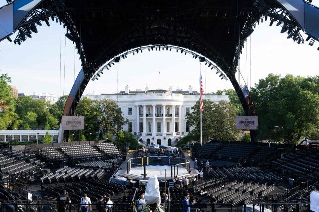 The structure, known as "The Claw," for the upcoming UFC fight that US President Donald Trump will host as part of the 250th anniversary of the United States is seen on the South Lawn of the White House during a media preview in Washington, DC, June 11, 2026. The Ultimate Fighting Championship (UFC) event will be held on US President Donald Trump's 80th birthday on June 14. (Photo by SAUL LOEB / AFP)
