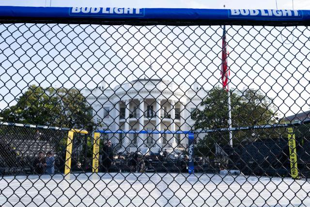 Advertisements for Bud Light beer are seen on "The Octagon" fighting enclosure for the upcoming UFC fight that US President Donald Trump will host as part of the 250th anniversary of the United States on the South Lawn of the White House during a media preview in Washington, DC, June 11, 2026. The Ultimate Fighting Championship (UFC) event will be held on US President Donald Trump's 80th birthday on June 14. (Photo by SAUL LOEB / AFP)