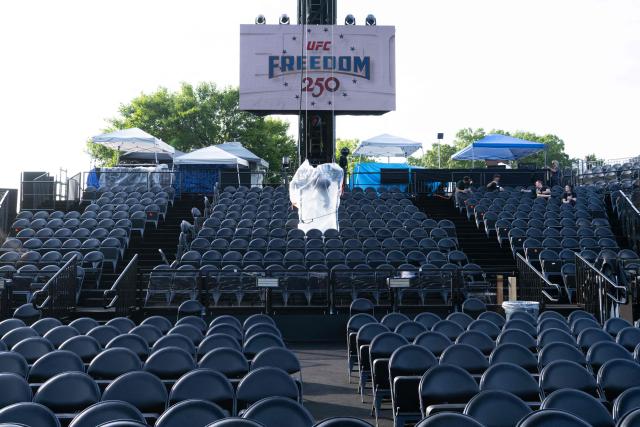 Seating for the upcoming UFC fight that US President Donald Trump will host as part of the 250th anniversary of the United States is seen on the South Lawn of the White House during a media preview in Washington, DC, June 11, 2026. The Ultimate Fighting Championship (UFC) event will be held on US President Donald Trump's 80th birthday on June 14. (Photo by SAUL LOEB / AFP)