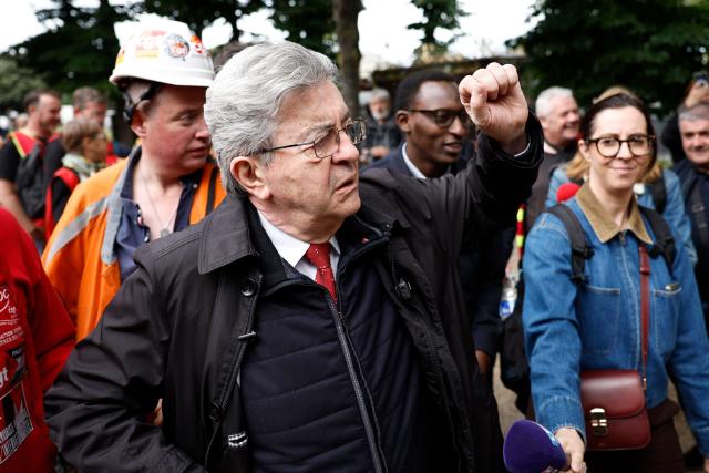 French left-wing party La France Insoumise (LFI) presidential candidate Jean-Luc Melenchon  takes part in a demonstration to support a proposed law for the nationalisation of steelmaker ArcelorMittal France called by French workers union CGT on the esplanade des Invalides near the National Assembly, France parliament's lower house, in Paris on June 11, 2026. (Photo by SIMON WOHLFAHRT / AFP)