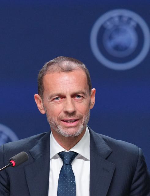(FILES) UEFA president Aleksander Ceferin addresses a press conference at the 50th UEFA Ordinary Congress in Brussels on February 12, 2026. Somali referee Omar Artan, who was turned away from the United States on June 6, 2026 where he was due to officiate at the 2026 World Cup, will take charge of the UEFA Super Cup on 12 August between PSG and Aston Villa, UEFA announced on June 11, 2026. (Photo by Pau BARRENA / AFP)