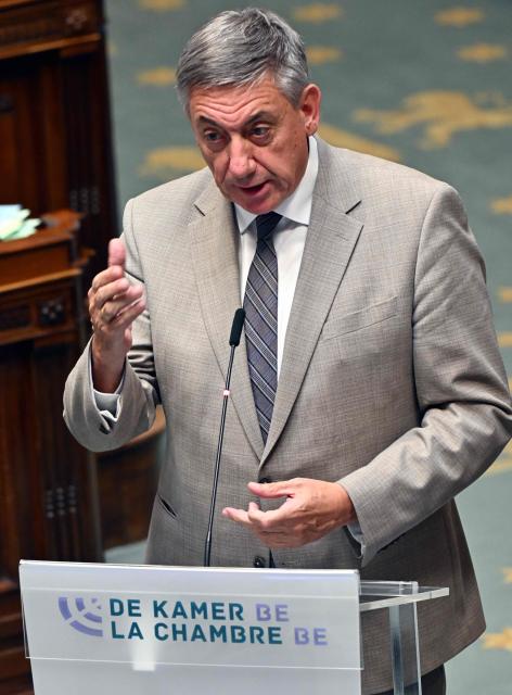 Belgium's Vice-Prime minister and Minister of Finance, Combating Tax Fraud, Pensions, National Lottery and Cultural Institutions Jan Jambon speaks during a plenary session of the Chamber at the Federal Parliament in Brussels on June 11, 2026. (Photo by ERIC LALMAND / Belga / AFP) / Belgium OUT