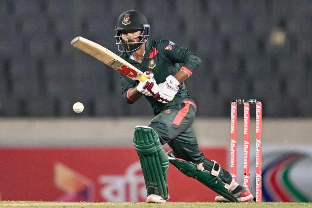 Bangladesh's Towhid Hridoy plays a shot during the second one-day international (ODI) cricket match between Bangladesh and Australia at the Sher-e-Bangla National Stadium in Dhaka on June 11, 2026. (Photo by MUNIR UZ ZAMAN / AFP)